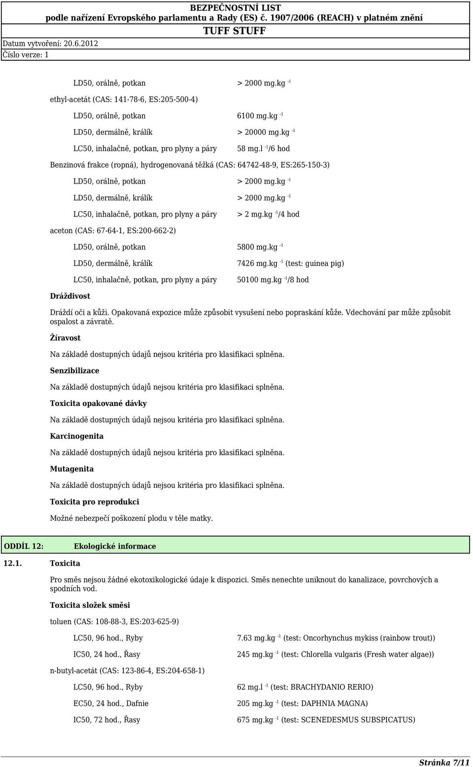 kg 1 LC50, inhalačně, potkan, pro plyny a páry > 2 mg.kg 1 /4 hod aceton (CAS: 67641, ES:2006622) LD50, orálně, potkan 5800 mg.