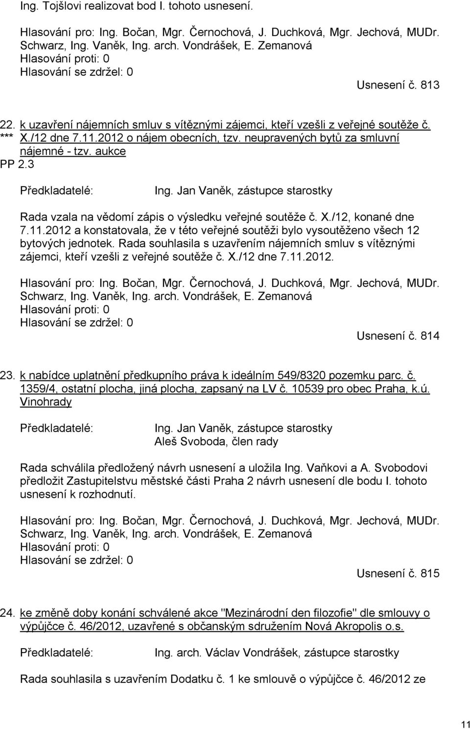 2012 o nájem obecních, tzv. neupravených bytů za smluvní nájemné - tzv. aukce Předkladatelé: Ing. Jan Vaněk, zástupce starostky Rada vzala na vědomí zápis o výsledku veřejné soutěže č. X.