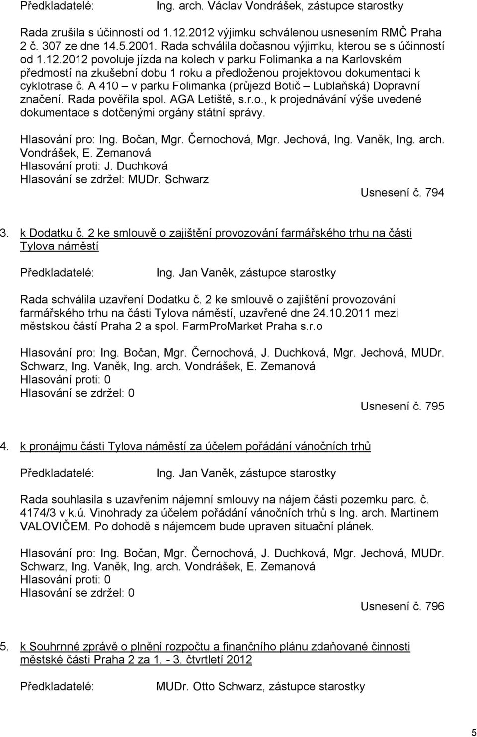 2012 povoluje jízda na kolech v parku Folimanka a na Karlovském předmostí na zkušební dobu 1 roku a předloženou projektovou dokumentaci k cyklotrase č.