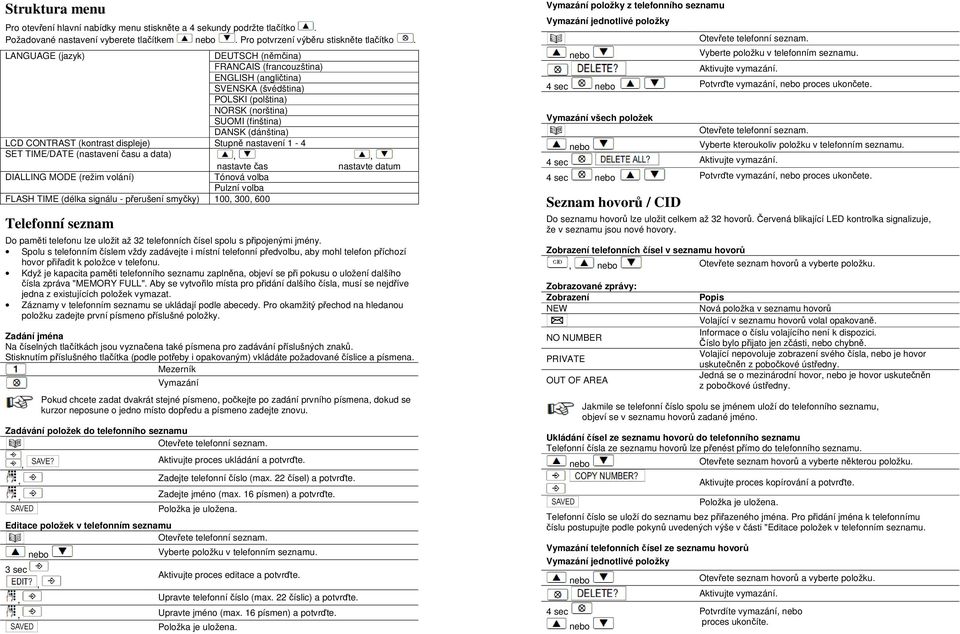 displeje) Stupně nastavení 1-4 SET TIME/DATE (nastavení času a data) nastavte čas nastavte datum DIALLING MODE (režim volání) Tónová volba Pulzní volba FLASH TIME (délka signálu - přerušení smyčky)