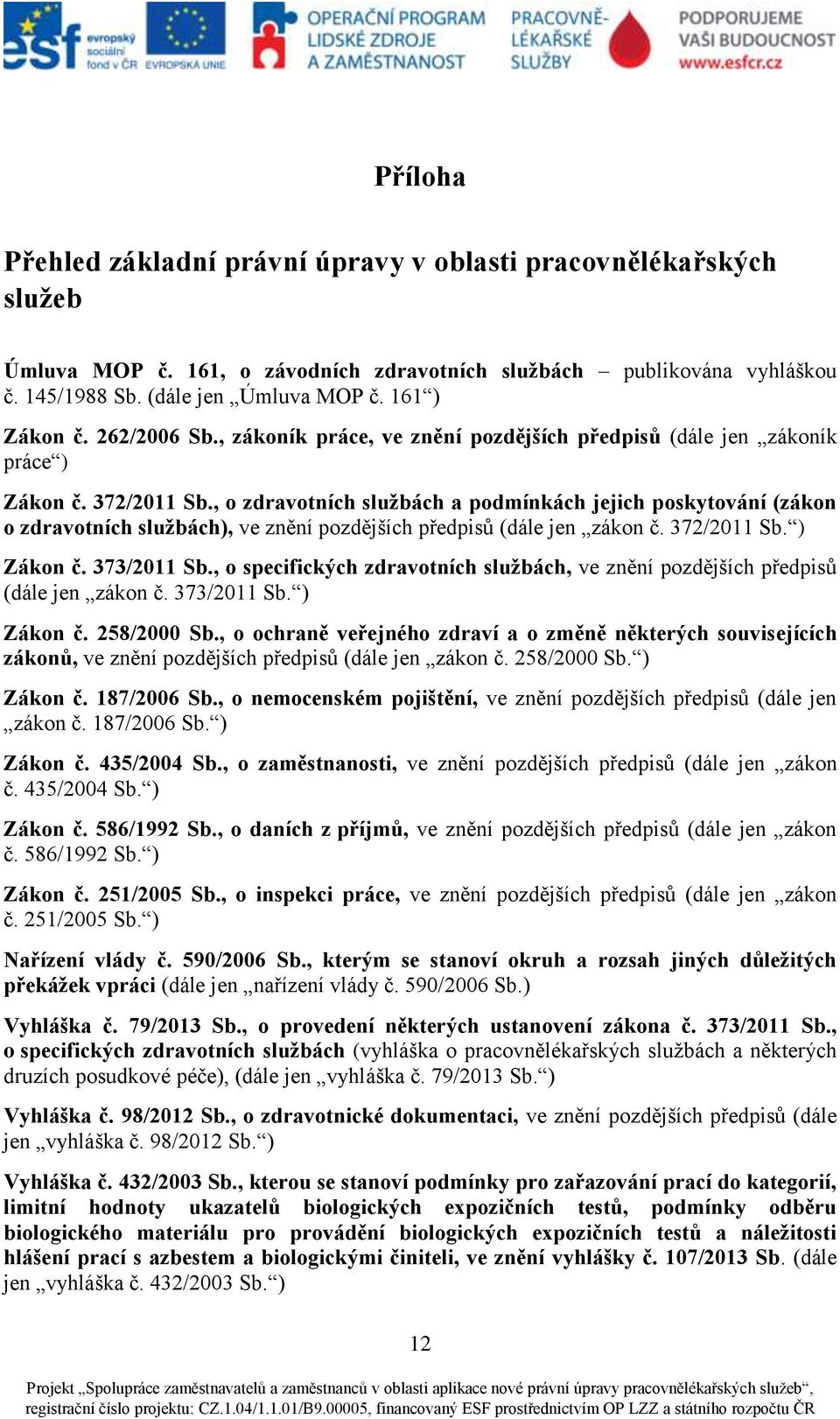 , o zdravotních službách a podmínkách jejich poskytování (zákon o zdravotních službách), ve znění pozdějších předpisů (dále jen zákon č. 372/2011 Sb. ) Zákon č. 373/2011 Sb.