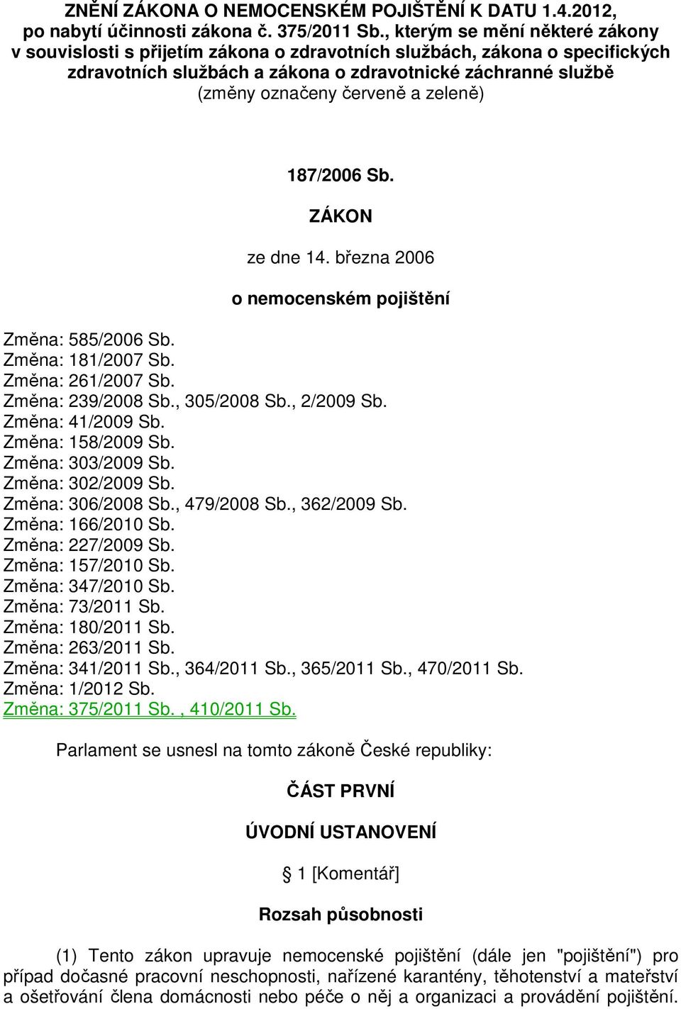 zeleně) 187/2006 Sb. ZÁKON ze dne 14. března 2006 o nemocenském pojištění Změna: 585/2006 Sb. Změna: 181/2007 Sb. Změna: 261/2007 Sb. Změna: 239/2008 Sb., 305/2008 Sb., 2/2009 Sb. Změna: 41/2009 Sb.