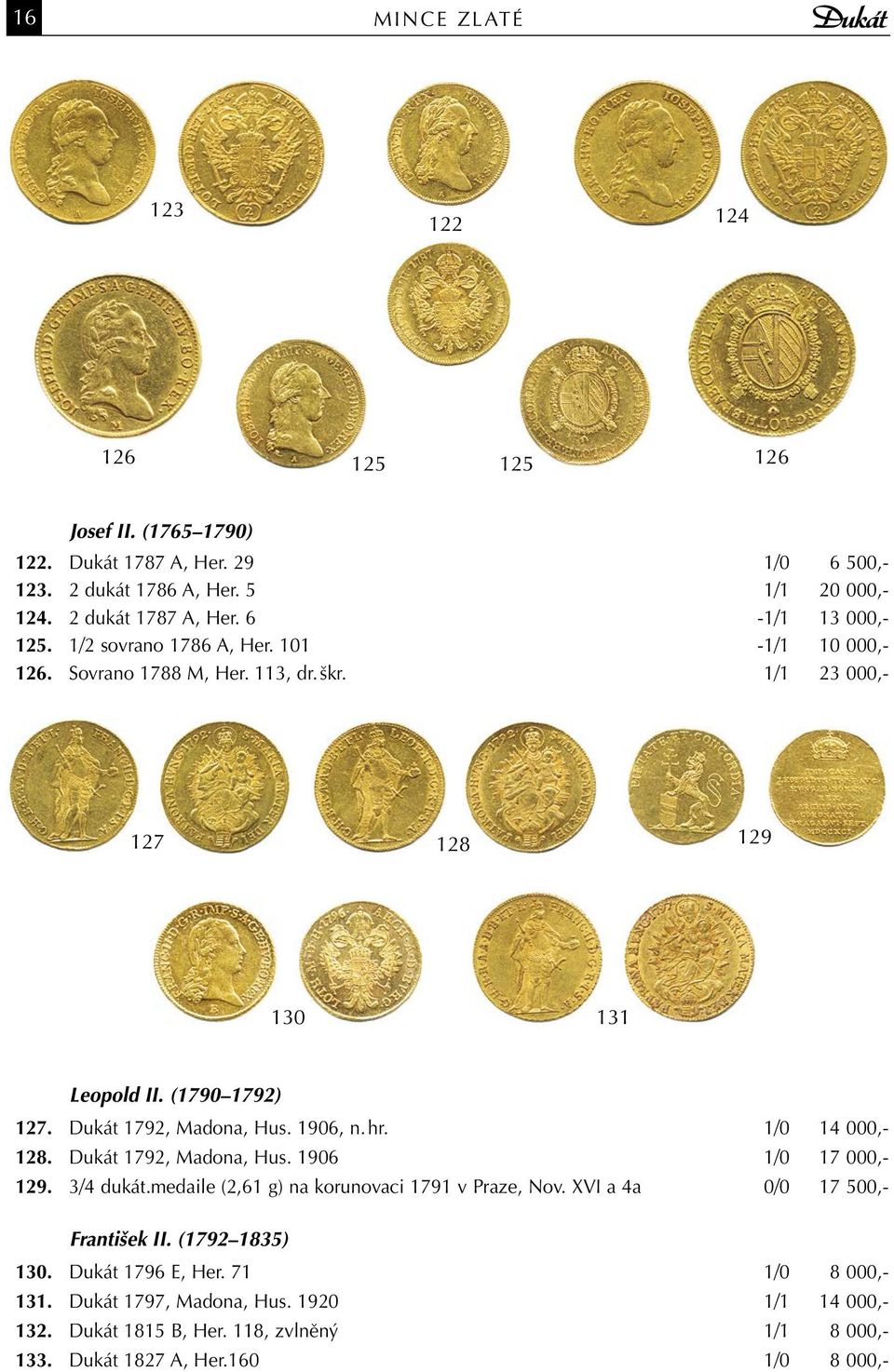 Dukát 1792, Madona, Hus. 1906, n. hr. 1/0 14 000,- 128. Dukát 1792, Madona, Hus. 1906 1/0 17 000,- 129. 3/4 dukát.medaile (2,61 g) na korunovaci 1791 v Praze, Nov.