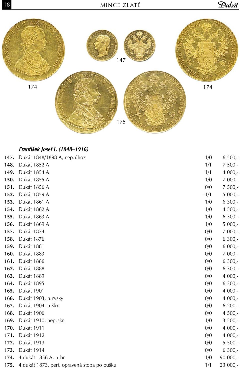 Dukát 1869 A 1/0 5 000,- 157. Dukát 1874 0/0 7 000,- 158. Dukát 1876 0/0 6 300,- 159. Dukát 1881 0/0 6 000,- 160. Dukát 1883 0/0 7 000,- 161. Dukát 1886 0/0 6 300,- 162. Dukát 1888 0/0 6 300,- 163.