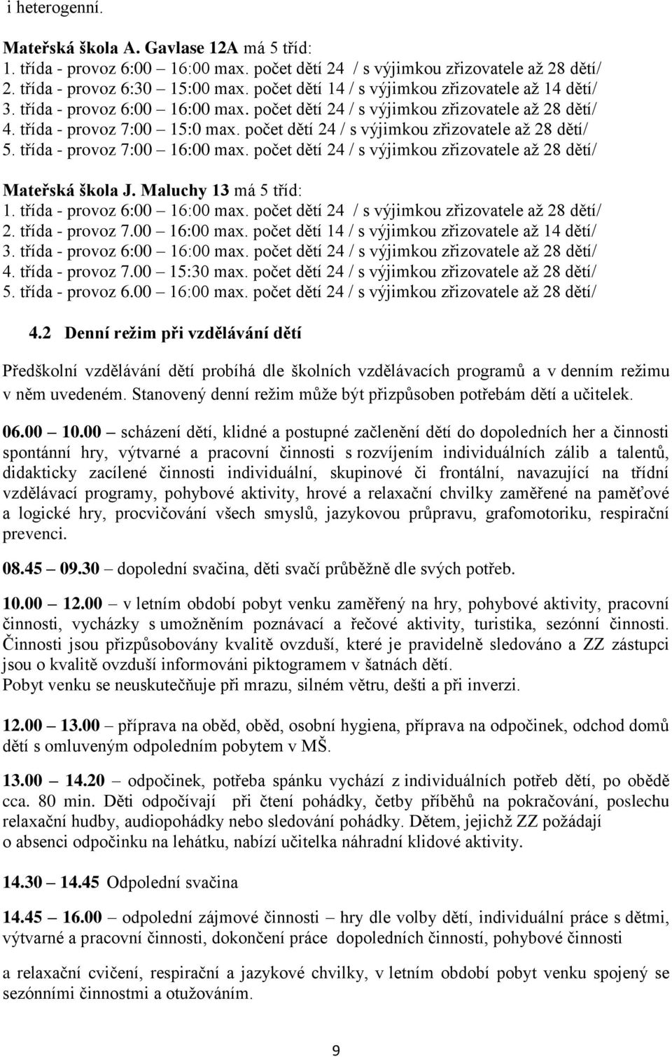 počet dětí 24 / s výjimkou zřizovatele až 28 dětí/ 5. třída - provoz 7:00 16:00 max. počet dětí 24 / s výjimkou zřizovatele až 28 dětí/ Mateřská škola J. Maluchy 13 má 5 tříd: 1.