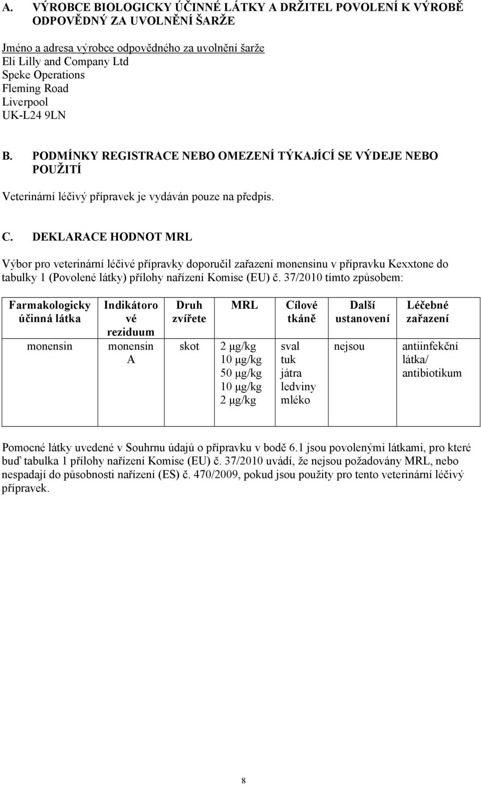 DEKLARACE HODNOT MRL Výbor pro veterinární léčivé přípravky doporučil zařazení monensinu v přípravku Kexxtone do tabulky 1 (Povolené látky) přílohy nařízení Komise (EU) č.