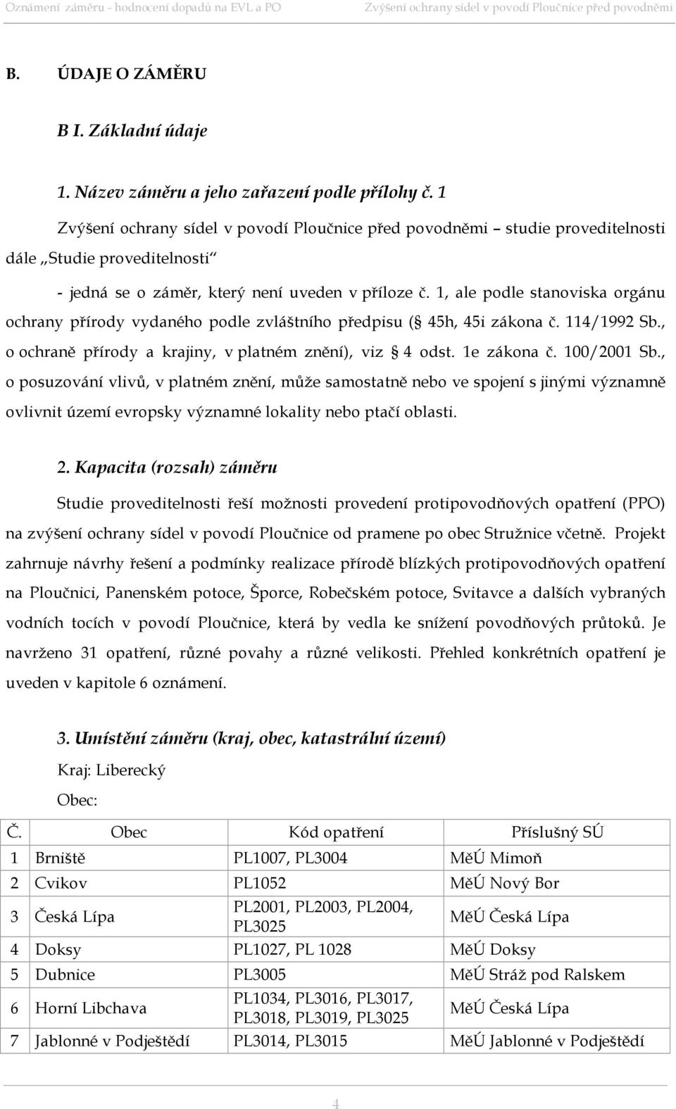 100/2001 Sb., o posuzování vlivů, v platném znění, může samostatně nebo ve spojení s jinými významně ovlivnit území evropsky významné lokality nebo ptačí oblasti. 2.