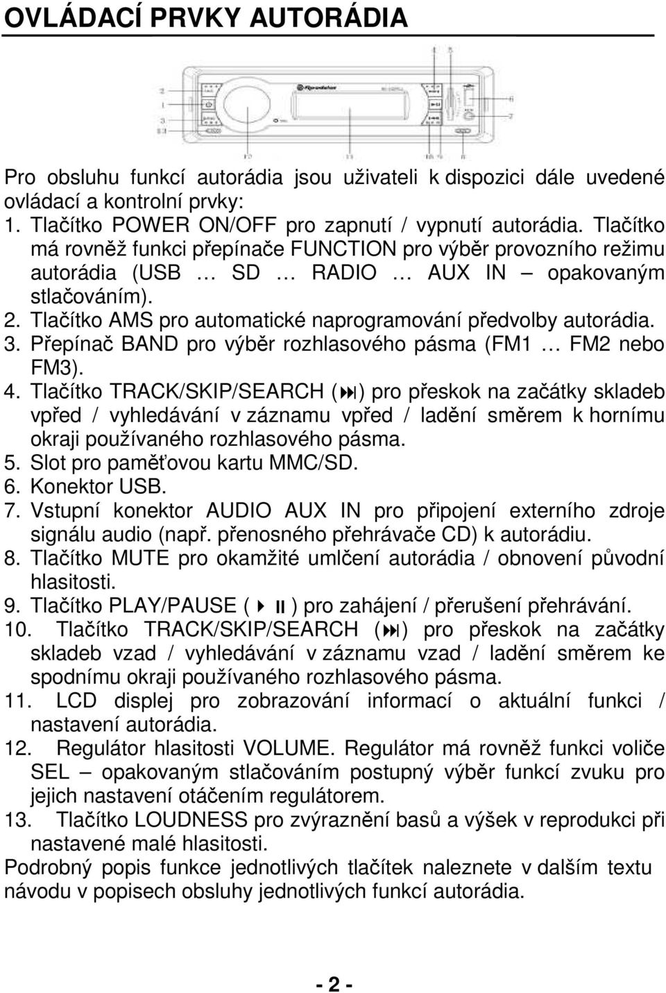 Přepínač BAND pro výběr rozhlasového pásma (FM1 FM2 nebo FM3). 4.