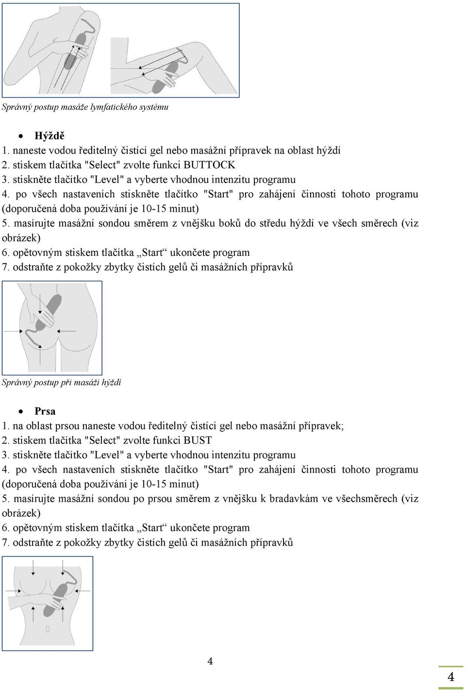 masírujte masážní sondou směrem z vnějšku boků do středu hýždí ve všech směrech (viz obrázek) Správný postup při masáži hýždí Prsa 1.