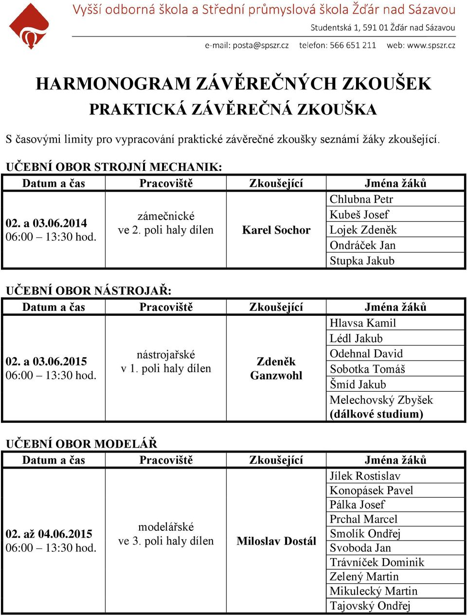 poli haly dílen Karel Sochor Lojek Zdeněk Ondráček Jan Stupka Jakub UČEBNÍ OBOR NÁSTROJAŘ: Datum a čas Pracoviště Zkoušející Jména žáků Hlavsa Kamil Lédl Jakub nástrojařské Odehnal David 02. a 03.06.