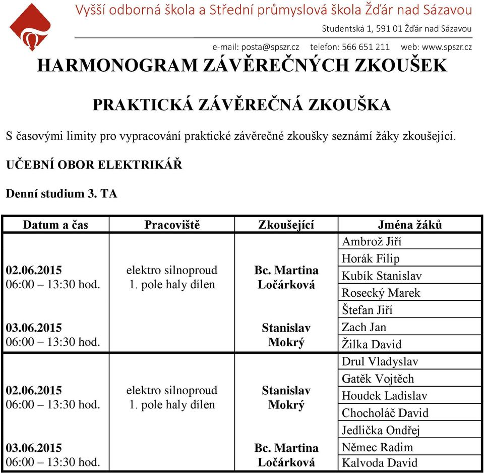 Martina Kubík Stanislav 1. pole haly dílen Ločárková Rosecký Marek Štefan Jiří 03.06.2015 Stanislav Mokrý Zach Jan Žilka David 02.06.2015 03.06.2015 elektro silnoproud 1.