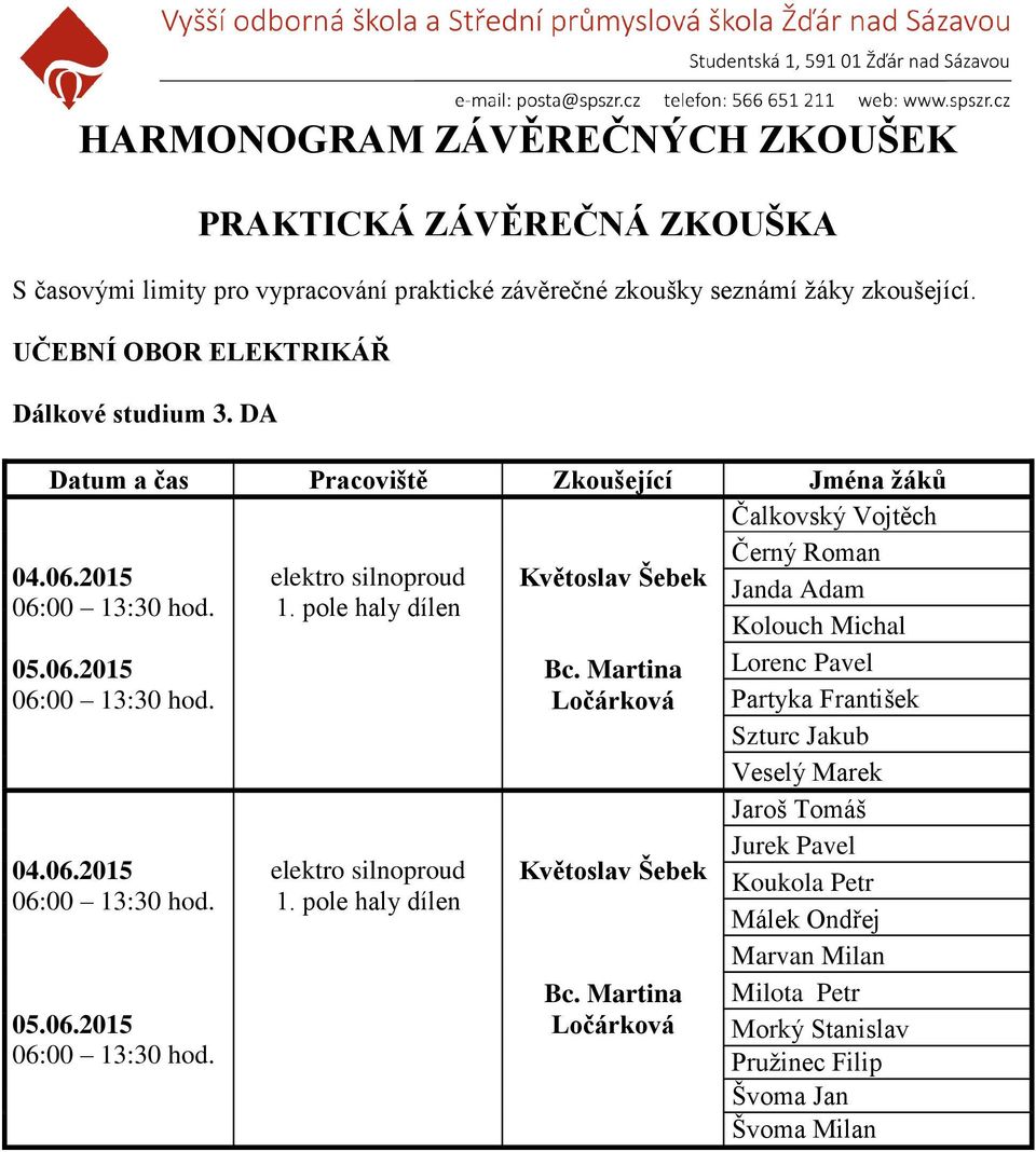 pole haly dílen Kolouch Michal 05.06.2015 Bc. Martina Ločárková Lorenc Pavel Partyka František Szturc Jakub Veselý Marek 04.06.2015 05.06.2015 elektro silnoproud 1.