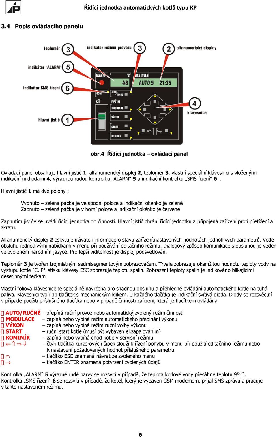 ALARM 5 a indikační kontrolku SMS řízení 6.