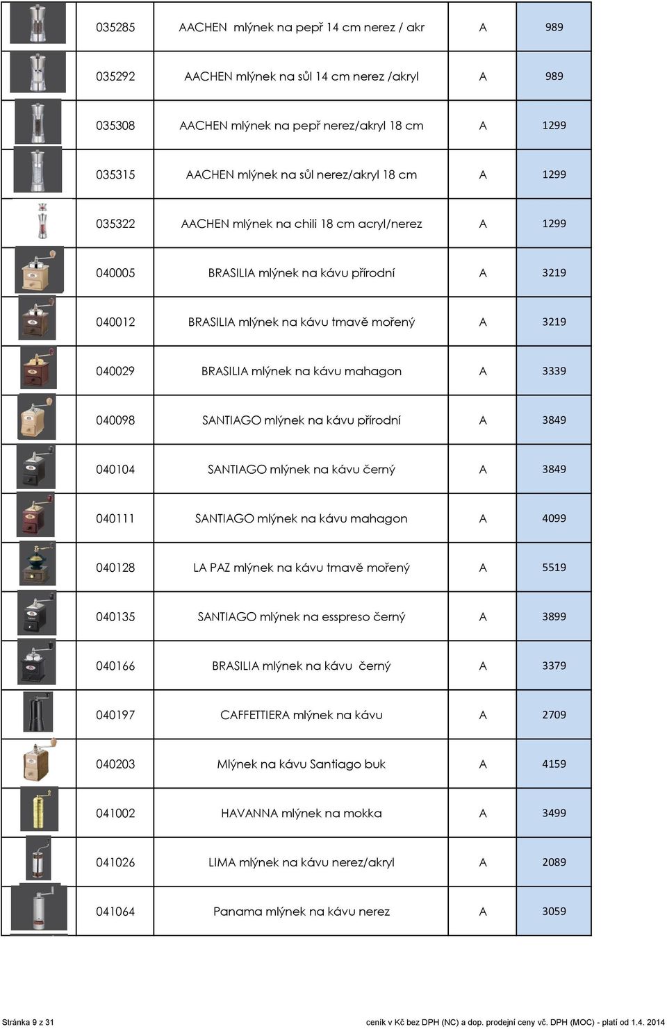 mahagon A 3339 040098 SANTIAGO mlýnek na kávu přírodní A 3849 040104 SANTIAGO mlýnek na kávu černý A 3849 040111 SANTIAGO mlýnek na kávu mahagon A 4099 040128 LA PAZ mlýnek na kávu tmavě mořený A
