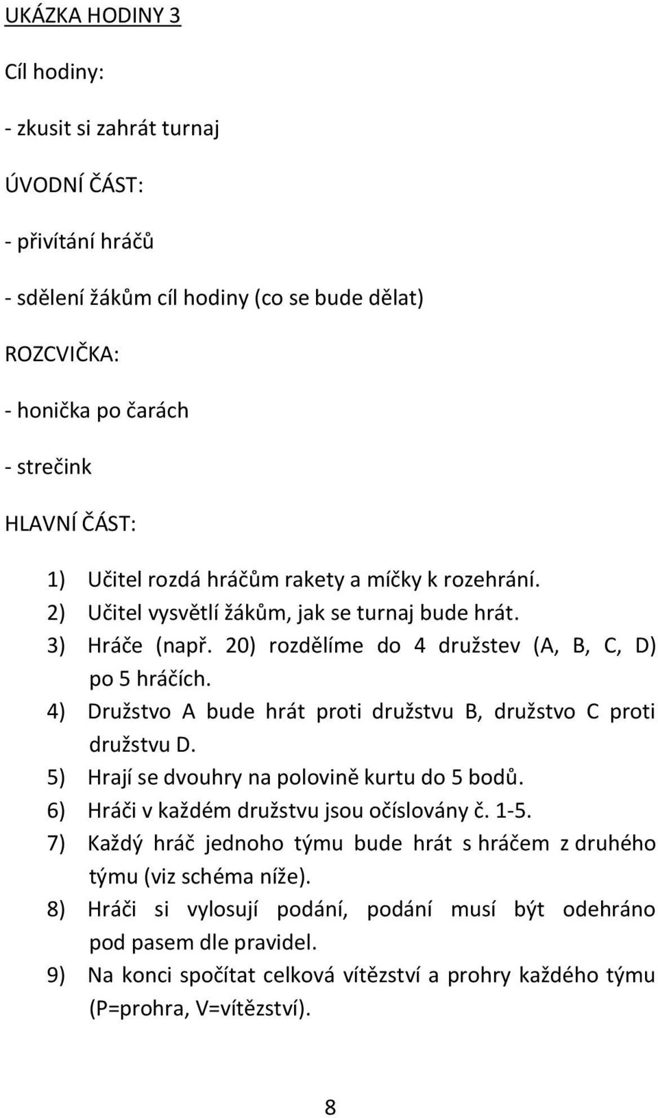 4) Družstvo A bude hrát proti družstvu B, družstvo C proti družstvu D. 5) Hrají se dvouhry na polovině kurtu do 5 bodů. 6) Hráči v každém družstvu jsou očíslovány č. 1-5.