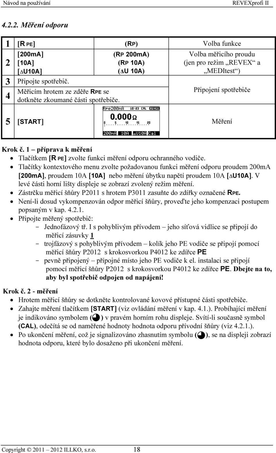 Tlačítky kontextového menu zvolte požadovanou funkci měření odporu proudem 200mA [200mA], proudem 10A [10A] nebo měření úbytku napětí proudem 10A [ U10A].