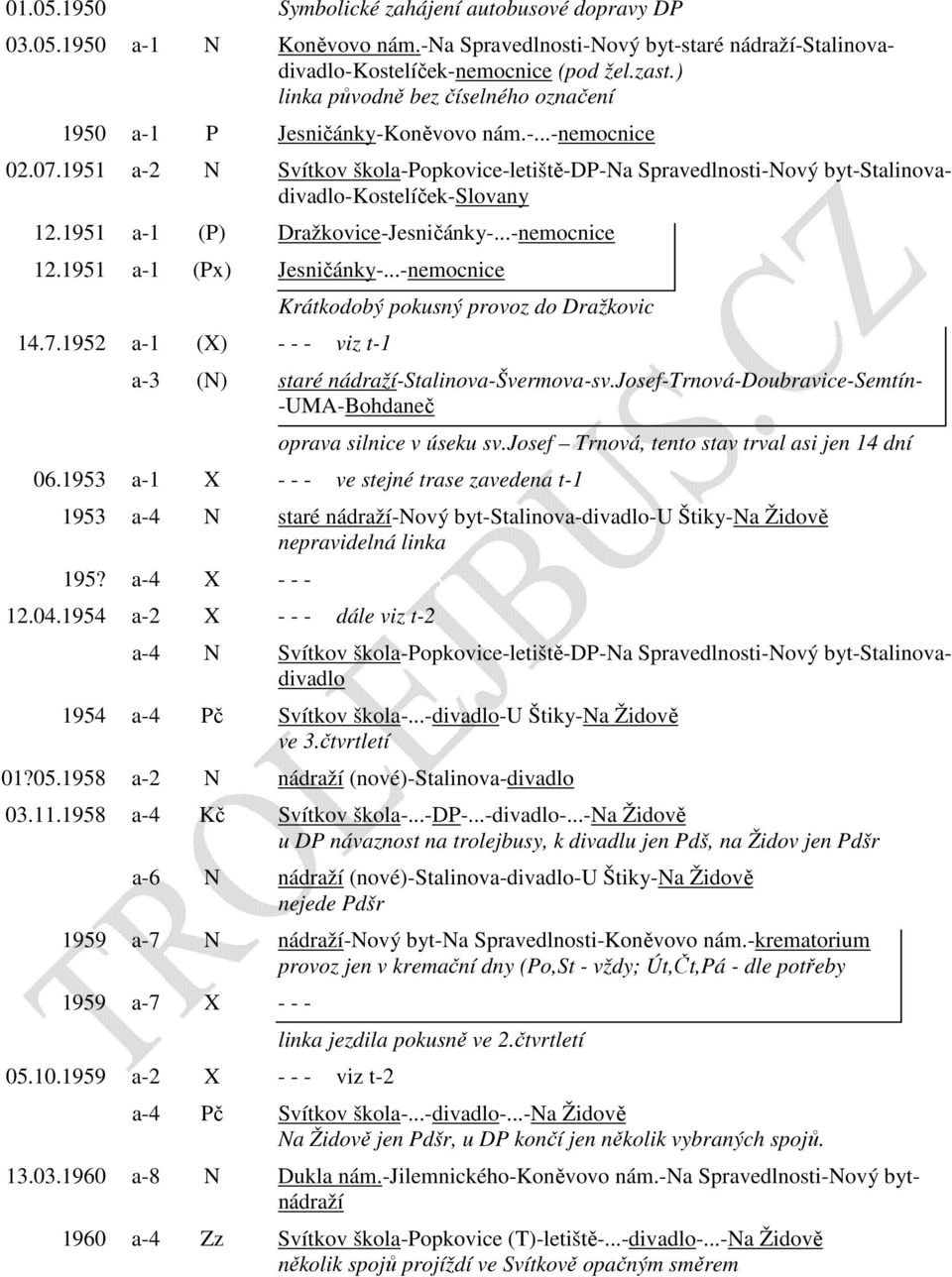 1951 a-2 N Svítkov škola-popkovice-letiště-dp-na Spravedlnosti-Nový byt-stalinovadivadlo-kostelíček-slovany 12.1951 a-1 (P) Dražkovice-Jesničánky-...-nemocnice 12.1951 a-1 (Px) Jesničánky-.