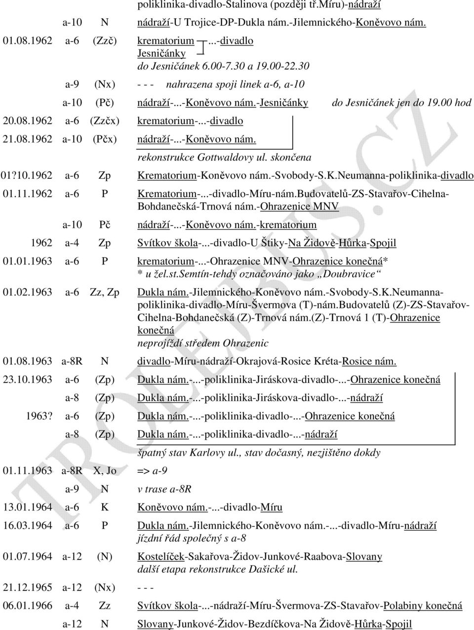 ..-koněvovo nám. rekonstrukce Gottwaldovy ul. skončena 01?10.1962 a-6 Zp Krematorium-Koněvovo nám.-svobody-s.k.neumanna-poliklinika-divadlo 01.11.1962 a-6 P Krematorium-...-divadlo-Míru-nám.