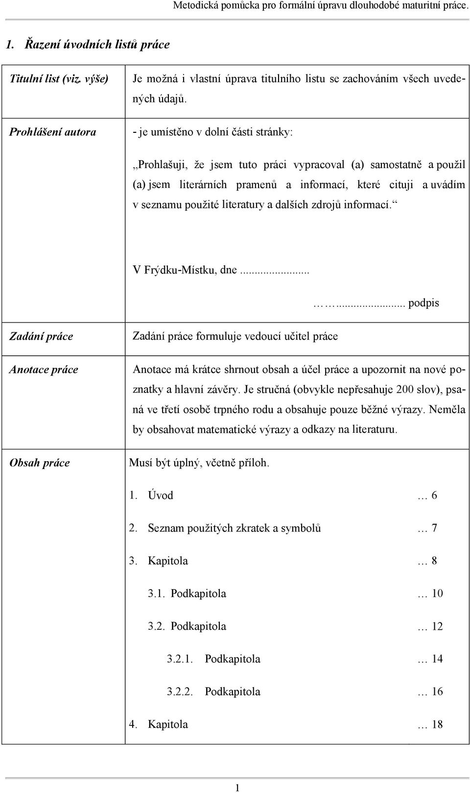 - je umístěno v dolní části stránky: Prohlašuji, že jsem tuto práci vypracoval (a) samostatně a použil (a) jsem literárních pramenů a informací, které cituji a uvádím v seznamu použité literatury a