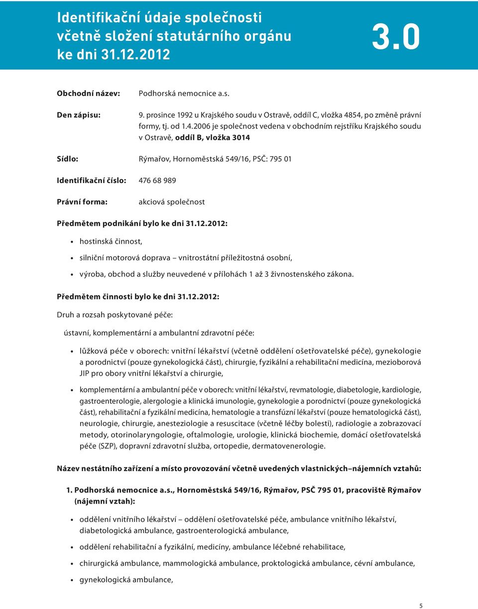 54, po změně právní formy, tj. od 1.4.2006 je společnost vedena v obchodním rejstříku Krajského soudu v Ostravě, oddíl B, vložka 3014 Sídlo: Rýmařov, Hornoměstská 549/16, PSČ: 795 01 Identifikační