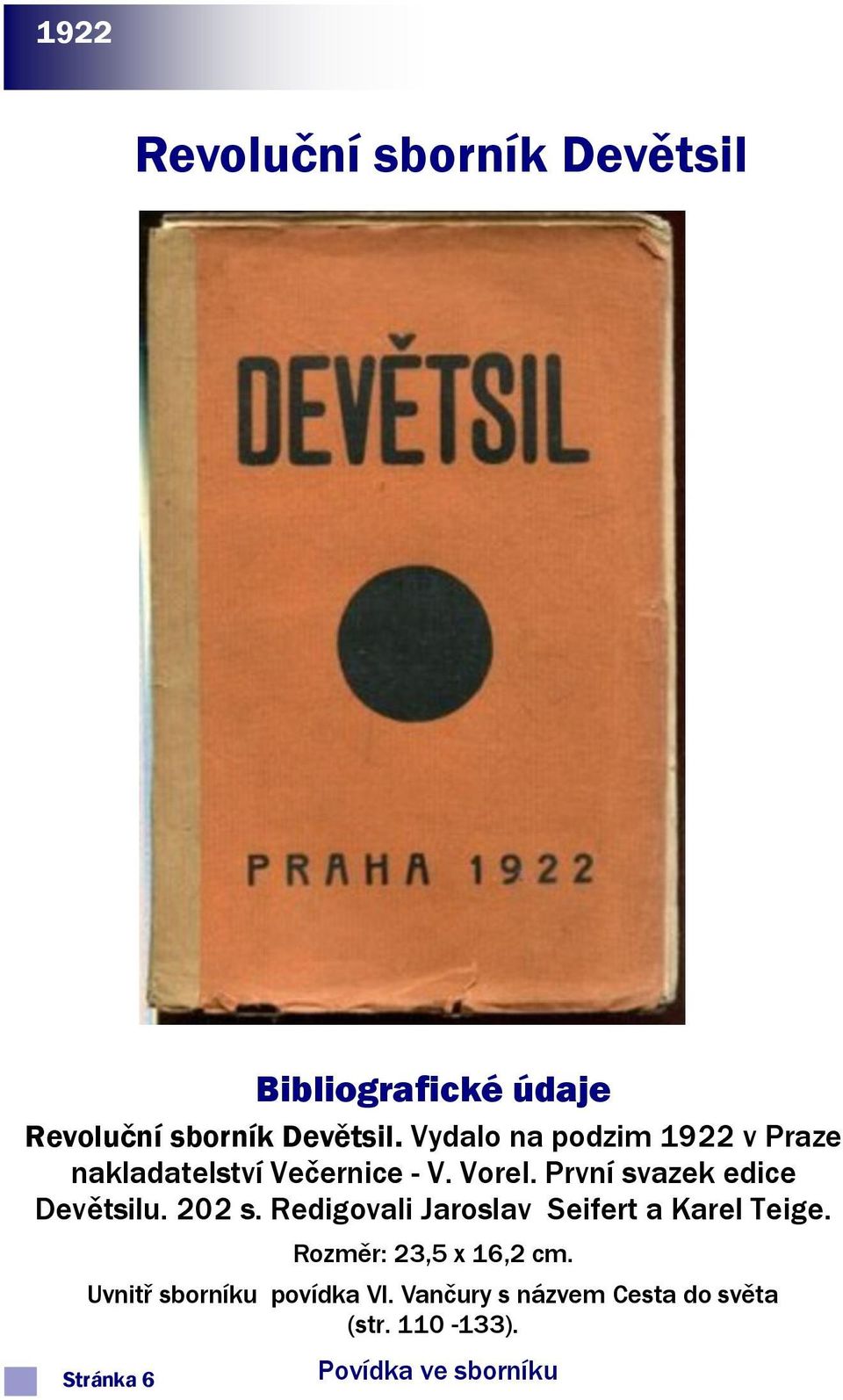 První svazek edice Devětsilu. 202 s. Redigovali Jaroslav Seifert a Karel Teige.