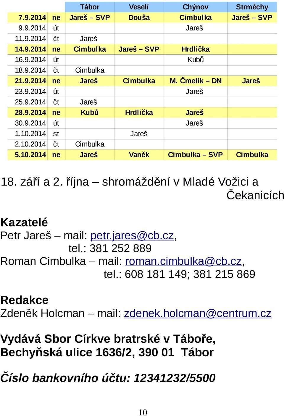 Čmelík DN Kubů Hrdlička Strměchy SVP Vaněk SVP 18. září a 2. října shromáždění v Mladé Vožici a Čekanicích Kazatelé Petr mail: petr.jares@cb.cz, tel.