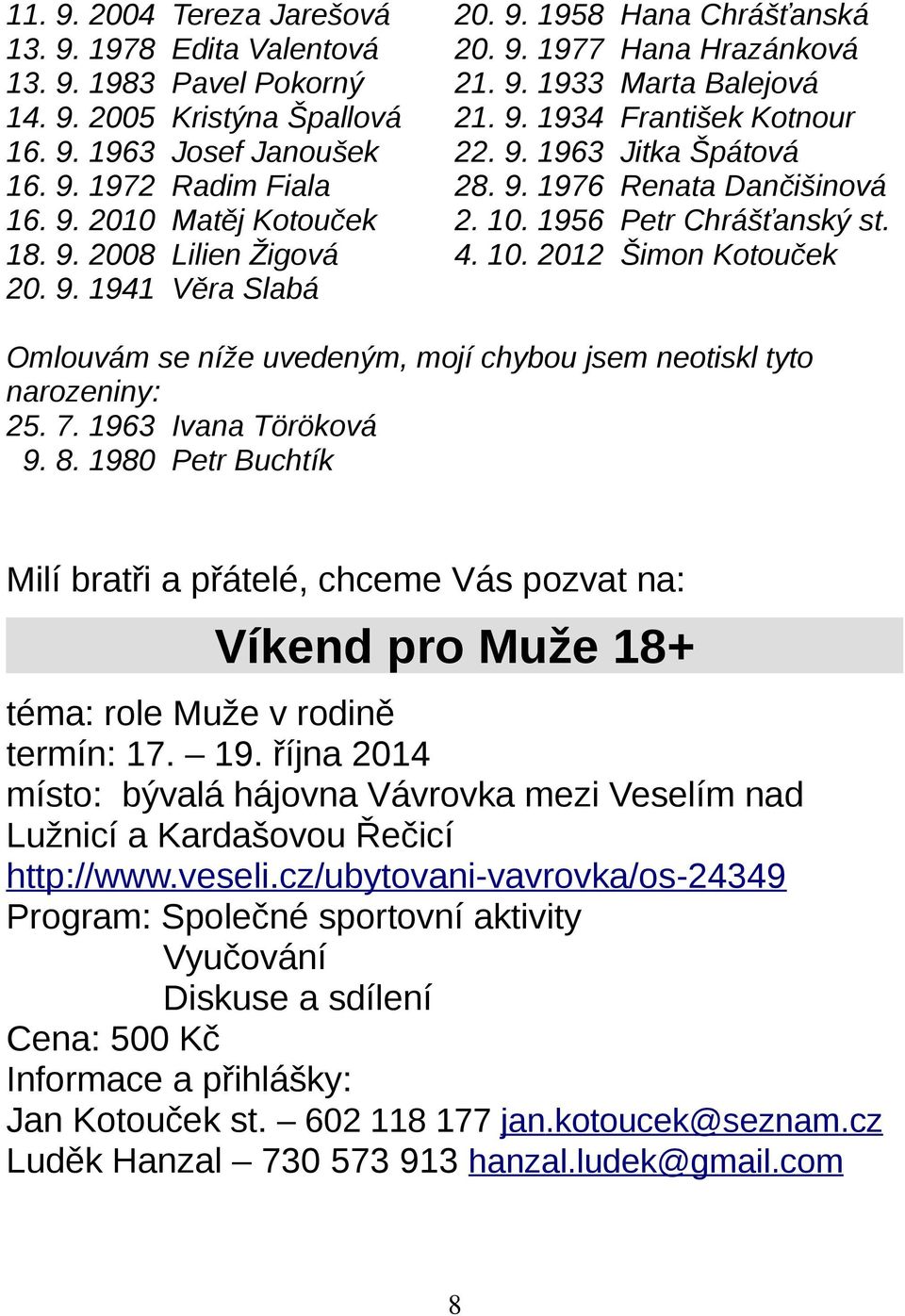 Šimon Kotouček Omlouvám se níže uvedeným, mojí chybou jsem neotiskl tyto narozeniny: 25. 7. 1963 Ivana Töröková 9. 8.