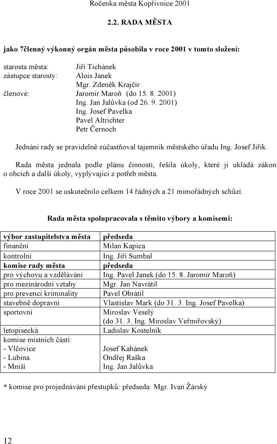 Rada města jednala podle plánu činnosti, řešila úkoly, které jí ukládá zákon o obcích a další úkoly, vyplývající z potřeb města. V roce 2001 se uskutečnilo celkem 14 řádných a 21 mimořádných schůzí.