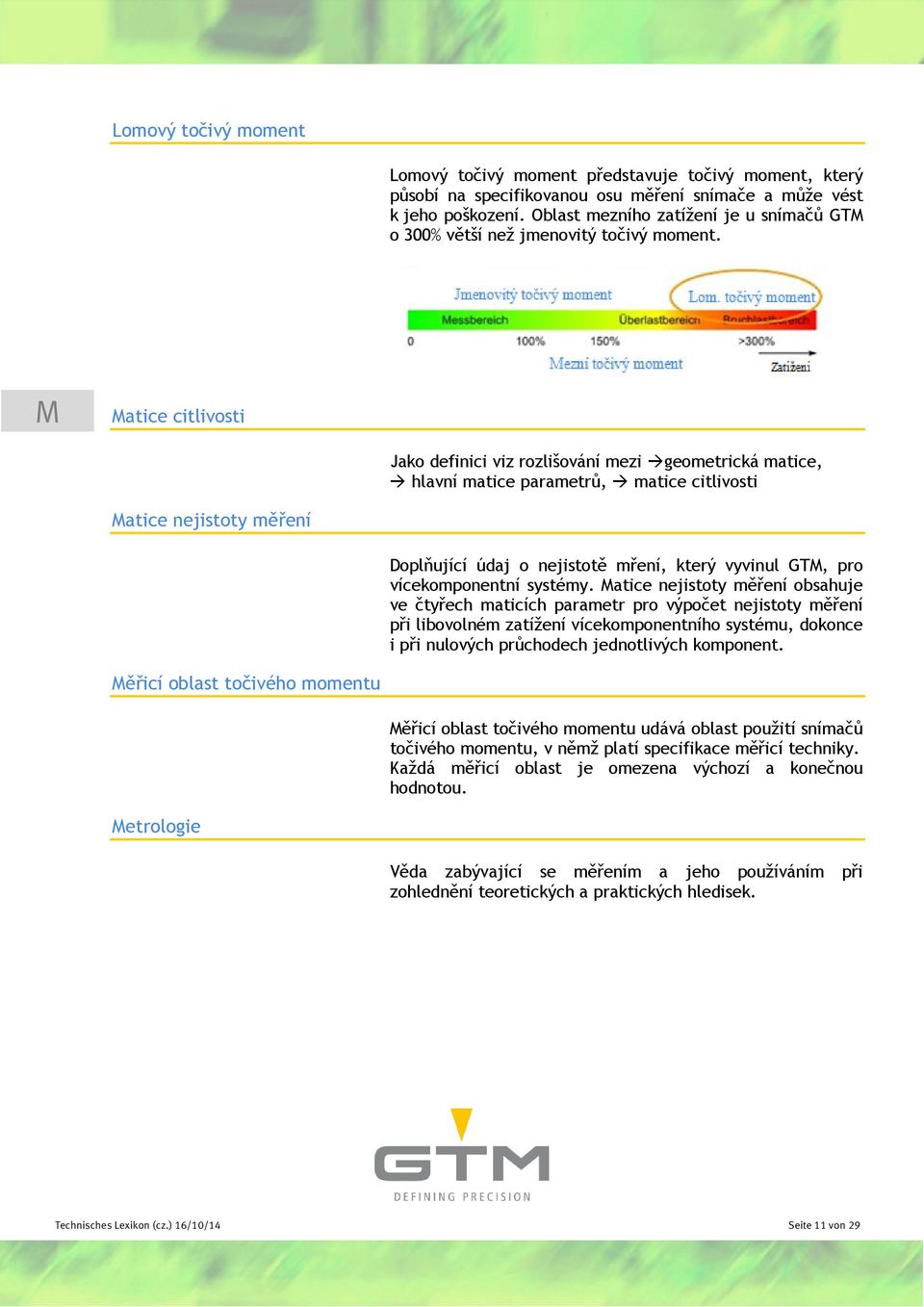 M Matice citlivosti Jako definici viz rozlišování mezi geometrická matice, hlavní matice parametrů, matice citlivosti Matice nejistoty měření Doplňující údaj o nejistotě mření, který vyvinul GTM, pro