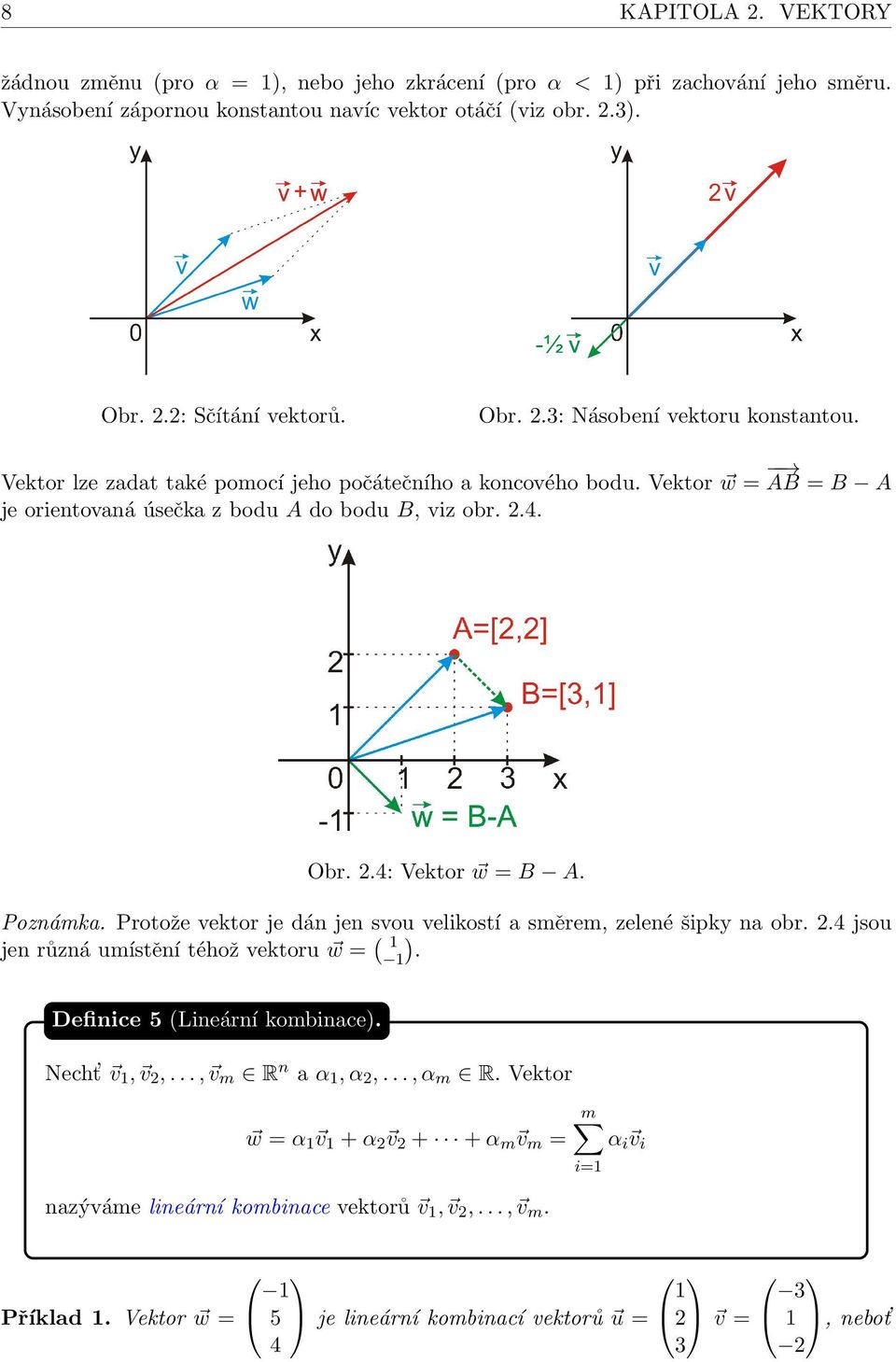 Poznámka. Protože vektor je dán jen svou velikostí a směrem, zelené šipky na obr. 2.4 jsou jen různá umístění téhož vektoru w = ( 1 1). Definice 5 (Lineární kombinace). Necht v 1, v 2,.