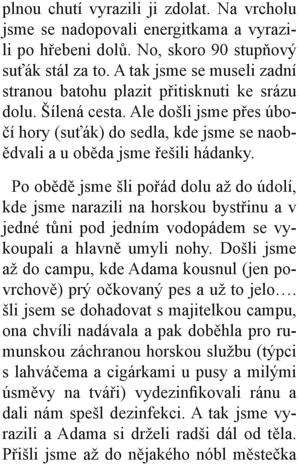 Po obědě jsme šli pořád dolu až do údolí, kde jsme narazili na horskou bystřinu a v jedné tůni pod jedním vodopádem se vykoupali a hlavně umyli nohy.