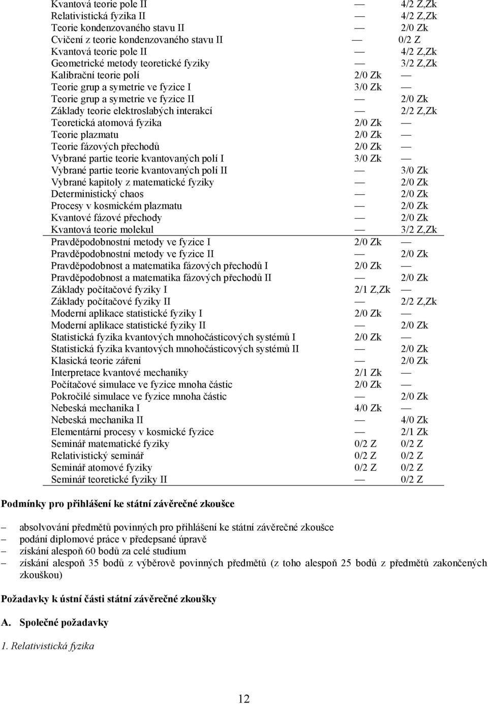 Teoretická atomová fyzika 2/0 Zk Teorie plazmatu 2/0 Zk Teorie fázových přechodů 2/0 Zk Vybrané partie teorie kvantovaných polí I 3/0 Zk Vybrané partie teorie kvantovaných polí II 3/0 Zk Vybrané