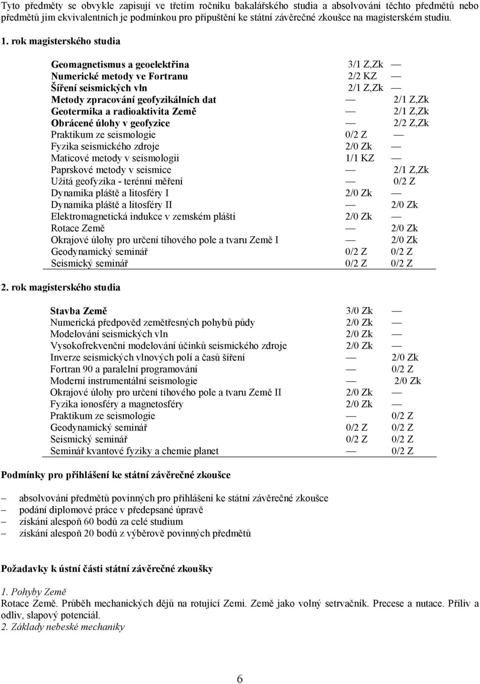 rok magisterského studia Geomagnetismus a geoelektřina 3/1 Z,Zk Numerické metody ve Fortranu 2/2 KZ Šíření seismických vln 2/1 Z,Zk Metody zpracování geofyzikálních dat 2/1 Z,Zk Geotermika a