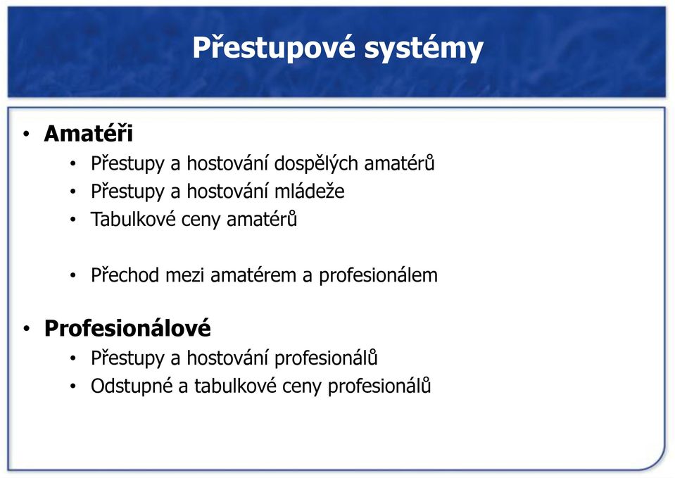 ceny amatérů Přechod mezi amatérem a profesionálem Profesionálové