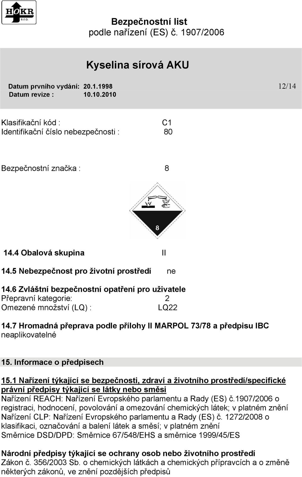 Informace o předpisech 15.