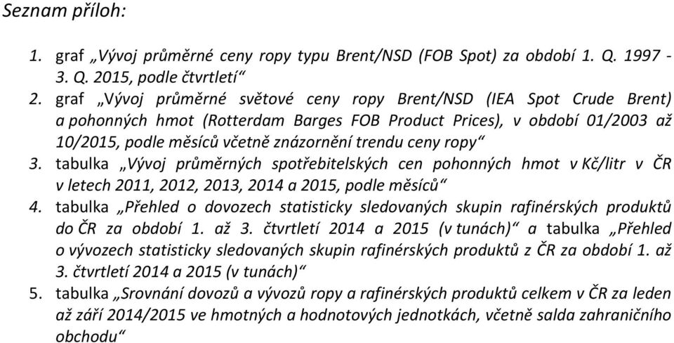 ropy 3. tabulka Vývoj průměrných spotřebitelských cen pohonných hmot v Kč/litr v ČR v letech 2011, 2012, 2013, 2014 a 2015, podle měsíců 4.