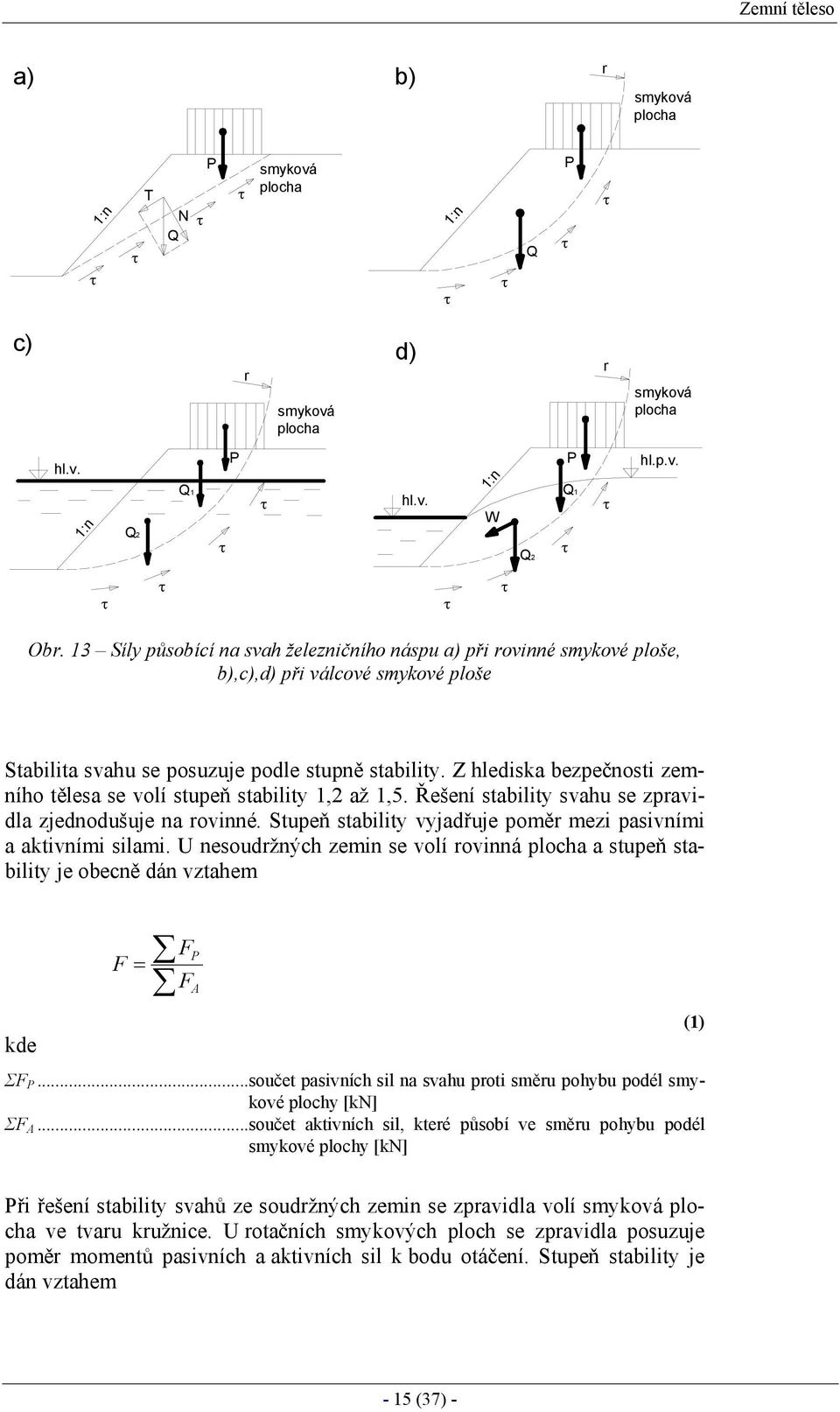 Z hlediska bezpečnosti zemního tělesa se volí stupeň stability 1,2 až 1,5. Řešení stability svahu se zpravidla zjednodušuje na rovinné.