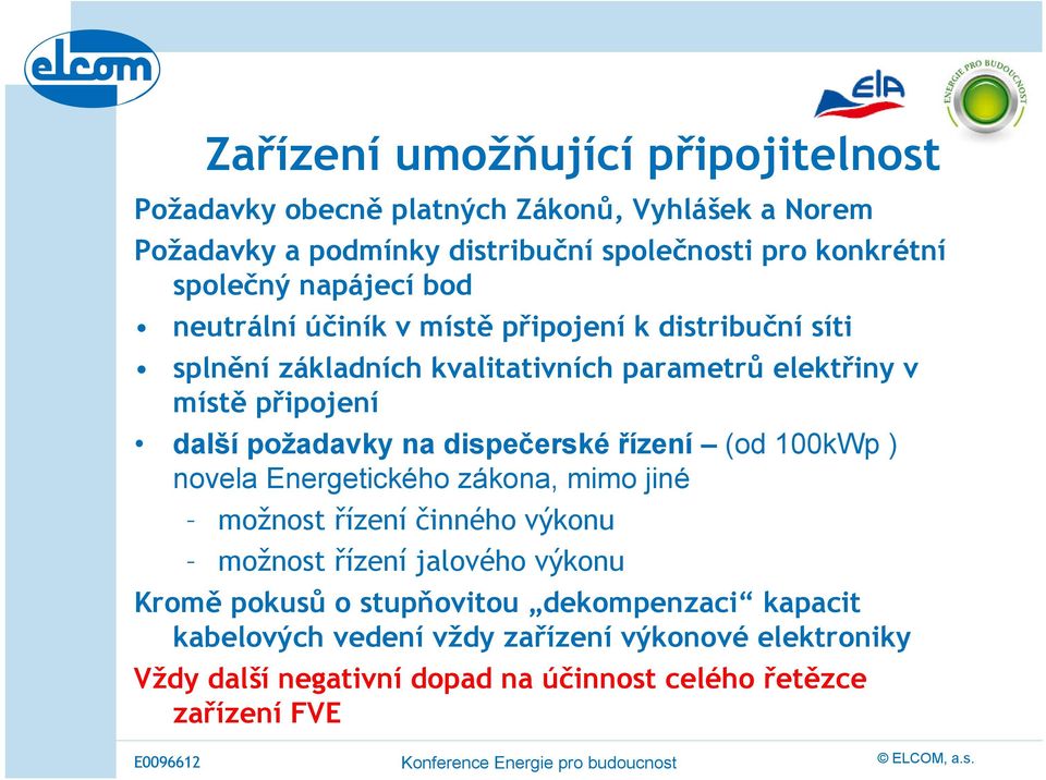 další požadavky na dispečerské řízení (od 100kWp ) novela Energetického zákona, mimo jiné možnost řízení činného výkonu možnost řízení jalového výkonu