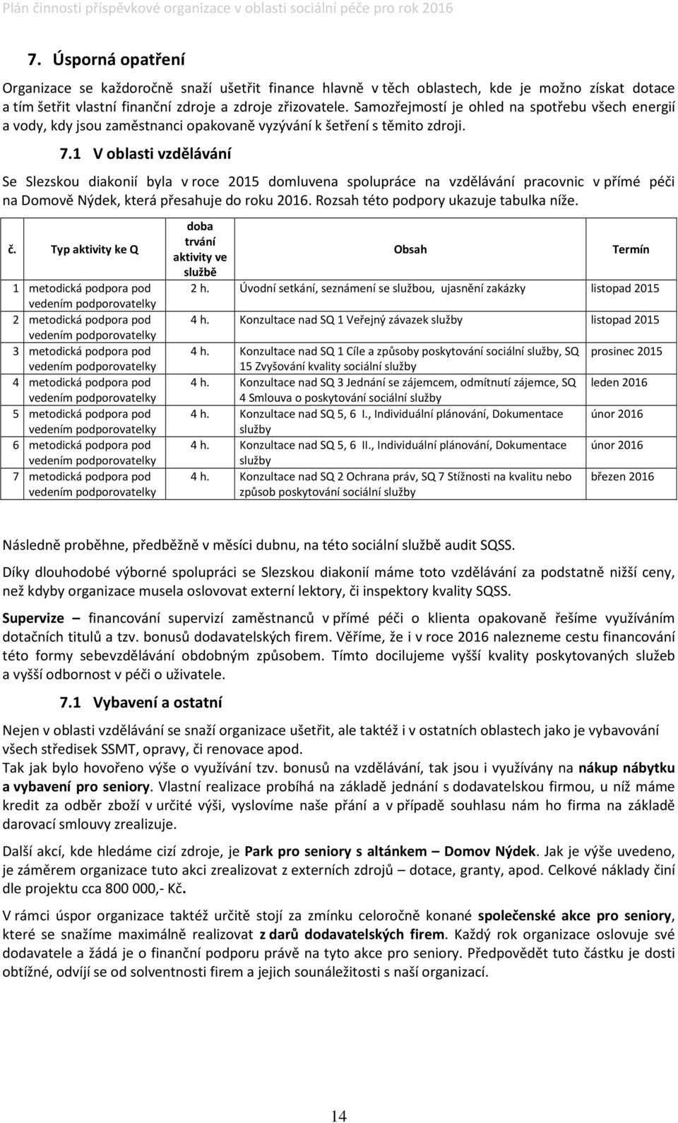 V oblasti vzdělávání Se Slezskou diakonií byla v roce 205 domluvena spolupráce na vzdělávání pracovnic v přímé péči na Domově Nýdek, která přesahuje do roku 206.