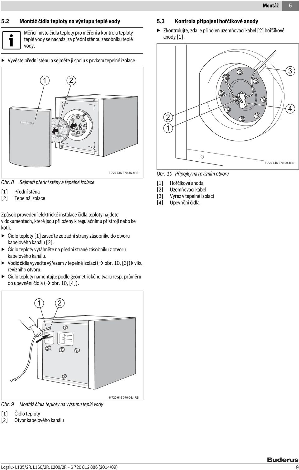 10 Přípojky na revizním otvoru [1] Hořčíková anoda [2] Uzemňovací kabel [3] Výřez v tepelné izolaci [4] Upevnění čidla Způsob provedení elektrické instalace čidla teploty najdete v dokumentech, které