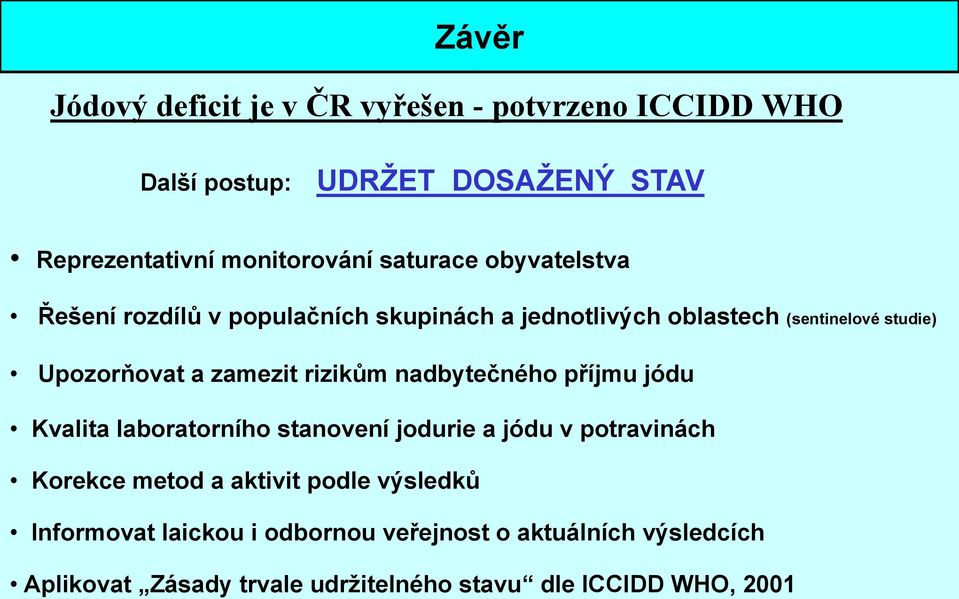 rizikům nadbytečného příjmu jódu Kvalita laboratorního stanovení jodurie a jódu v potravinách Korekce metod a aktivit podle