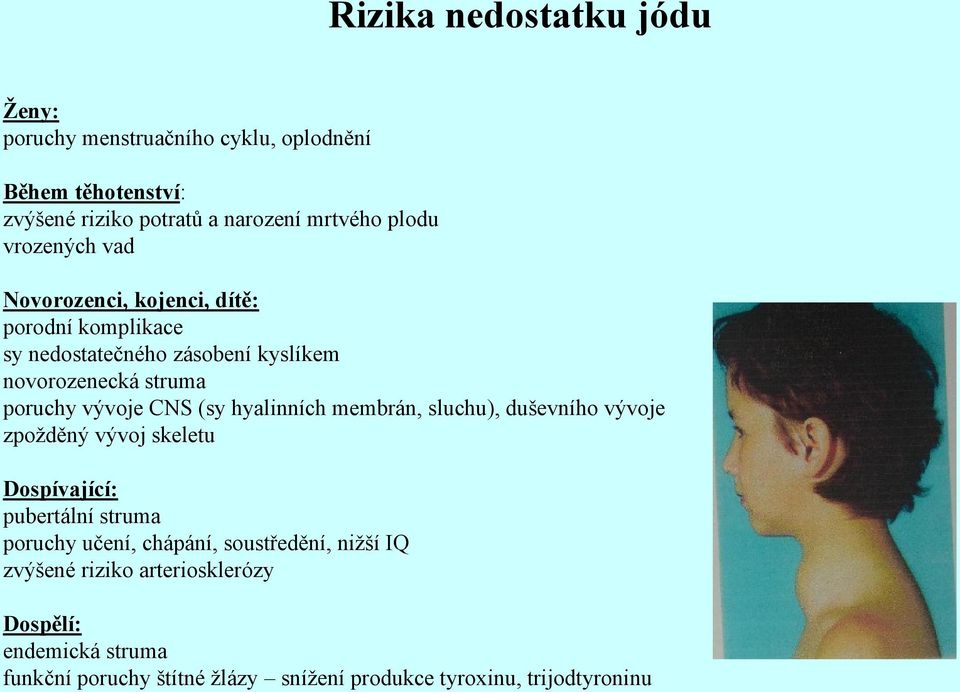 (sy hyalinních membrán, sluchu), duševního vývoje zpožděný vývoj skeletu Dospívající: pubertální struma poruchy učení, chápání,