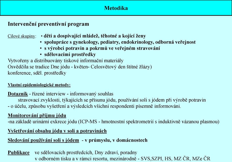prostředky Vlastní epidemiologické metody: Dotazník - řízené interview - informovaný souhlas stravovací zvyklosti, týkajících se přísunu jódu, používání soli s jódem při výrobě potravin - o účelu,