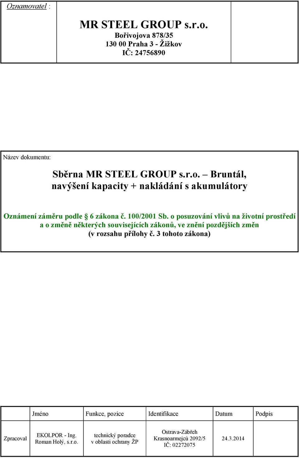 3 tohoto zákona) Jméno Funkce, pozice Identifikace Datum Podpis Zpracoval EKOLPOR - Ing. Roman Holý, s.r.o. technický poradce v oblasti ochrany ŽP Ostrava-Zábřeh Krasnoarmejců 2092/5 IČ: 02272075 24.