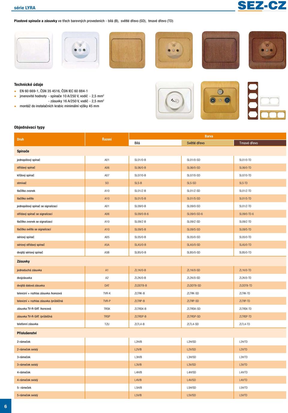 spínač A01 SL01/0-B SL01/0-SD SL01/0-TD střídavý spínač A06 SL06/0-B SL06/0-SD SL06/0-TD křížový spínač A07 SL07/0-B SL07/0-SD SL07/0-TD stmívač SO SLS-B SLS-SD SLS-TD tlačítko zvonek A10 SL01/Z-B
