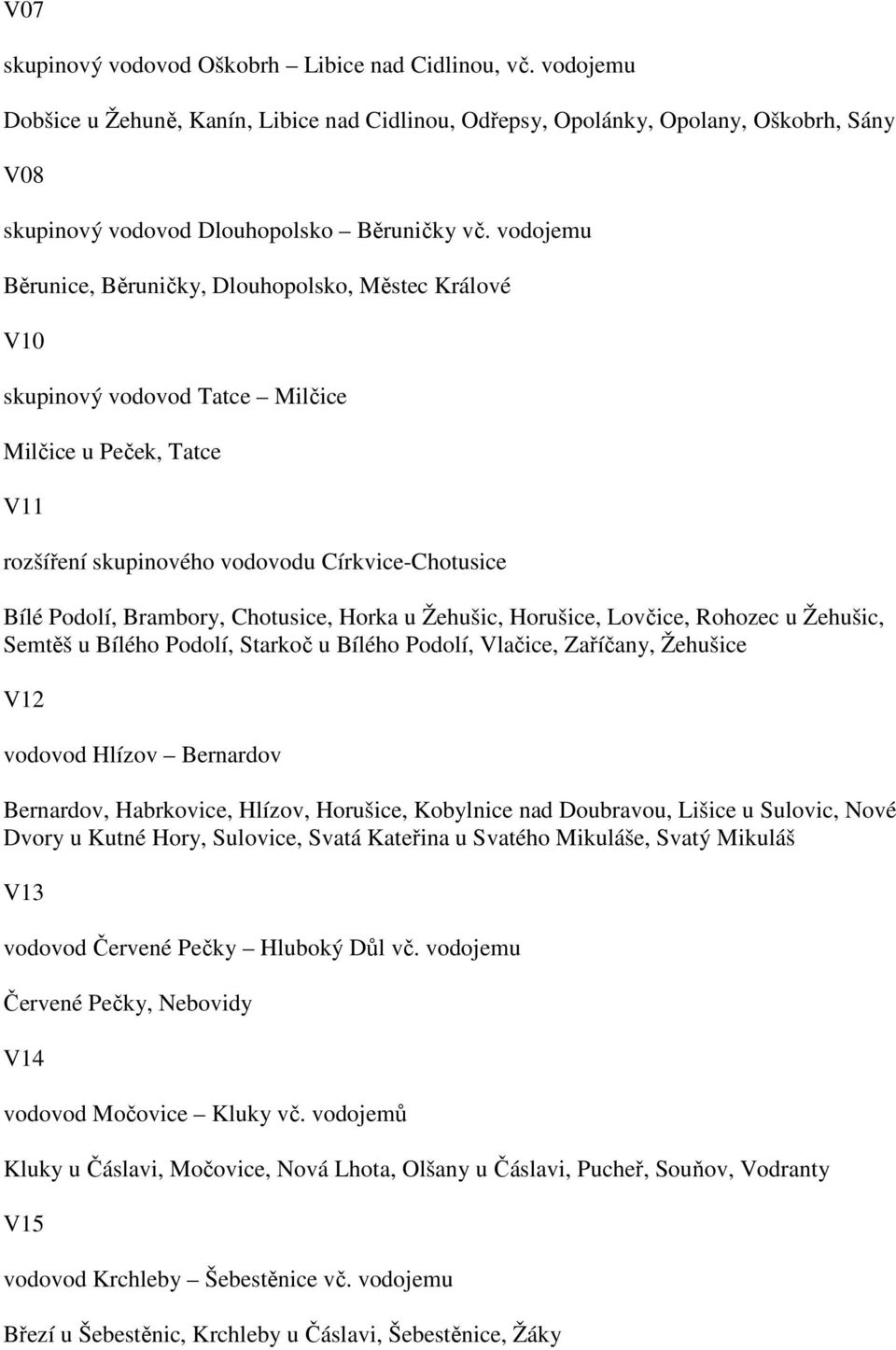 Chotusice, Horka u Žehušic, Horušice, Lovčice, Rohozec u Žehušic, Semtěš u Bílého Podolí, Starkoč u Bílého Podolí, Vlačice, Zaříčany, Žehušice V12 vodovod Hlízov Bernardov Bernardov, Habrkovice,