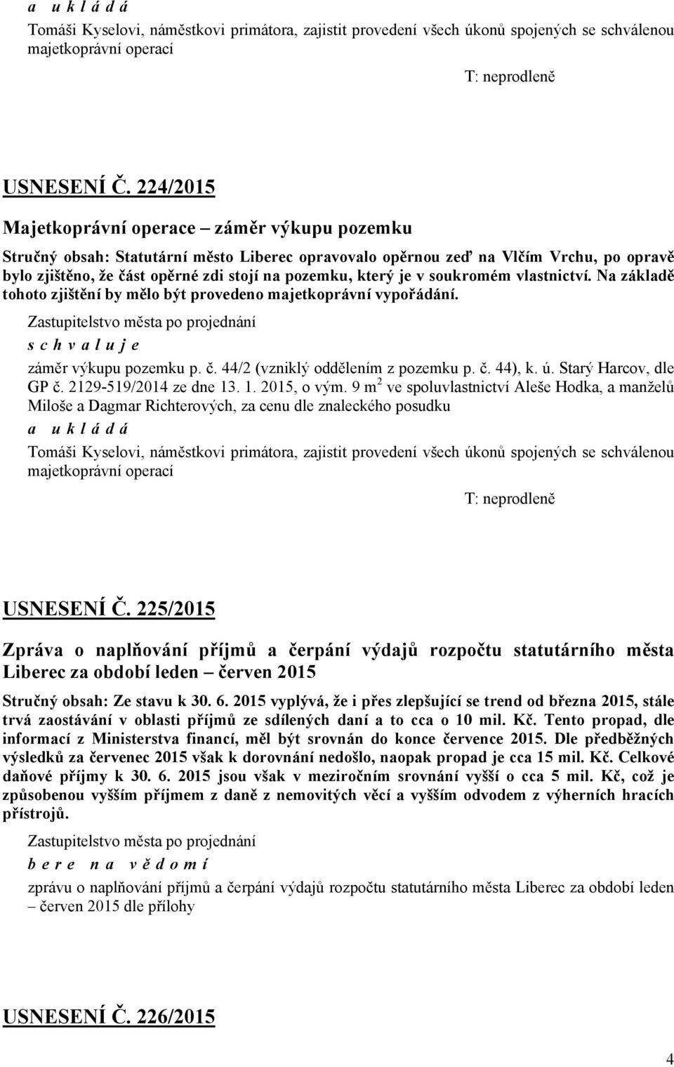 je v soukromém vlastnictví. Na základě tohoto zjištění by mělo být provedeno majetkoprávní vypořádání. Zastupitelstvo města po projednání schvaluje záměr výkupu pozemku p. č.