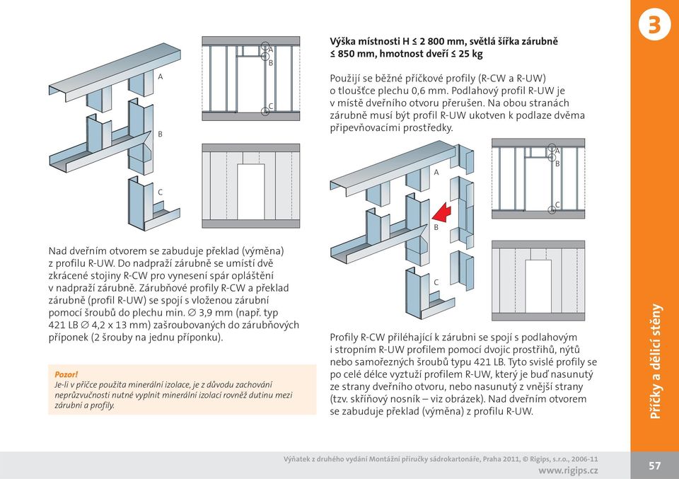 A A B C C B Nad dveřním otvorem se zabuduje překlad (výměna) z profilu R-UW. Do nadpraží zárubně se umístí dvě zkrácené stojiny R-CW pro vynesení spár opláštění v nadpraží zárubně.