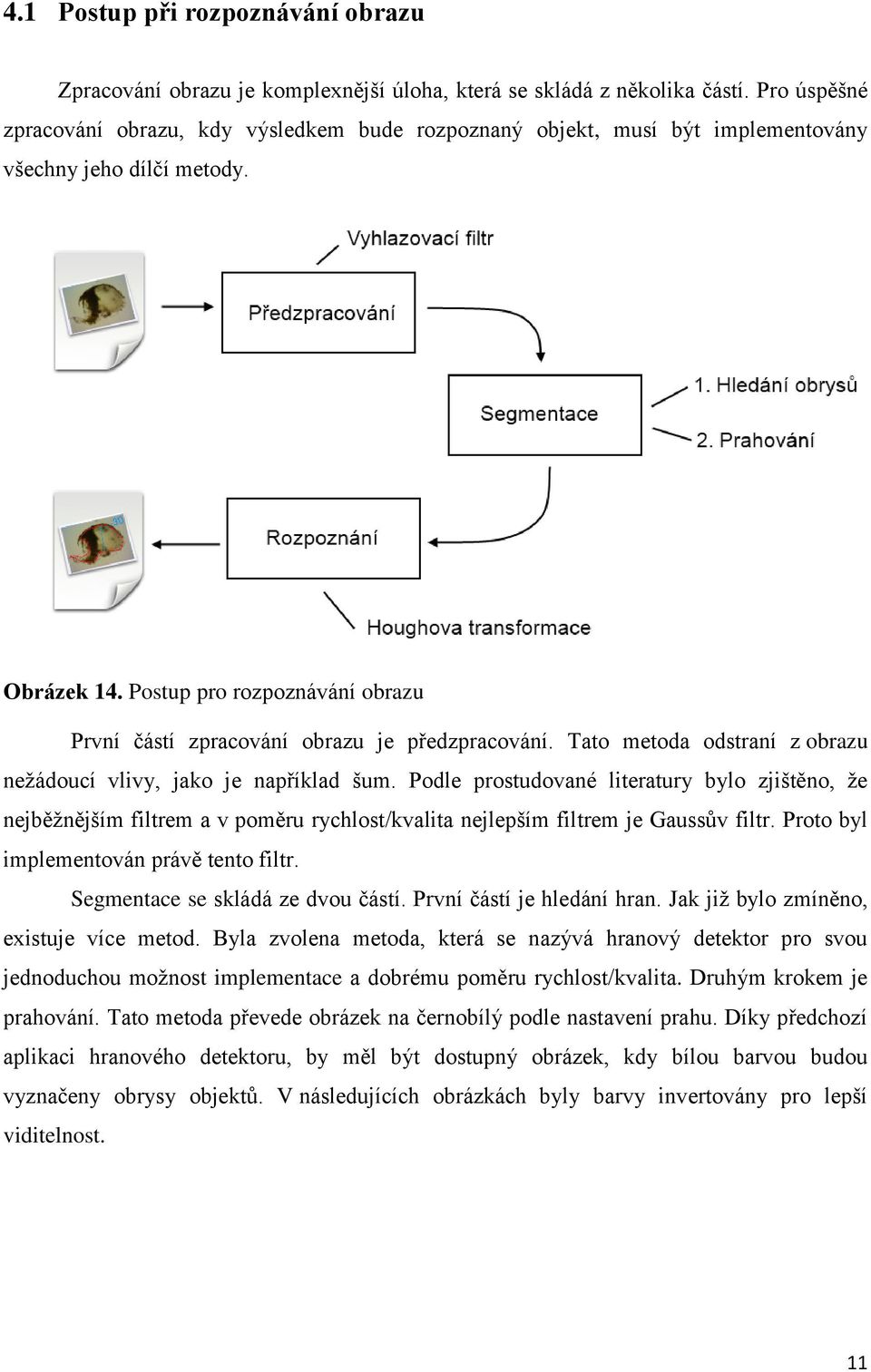 Postup pro rozpoznávání obrazu První částí zpracování obrazu je předzpracování. Tato metoda odstraní z obrazu nežádoucí vlivy, jako je například šum.