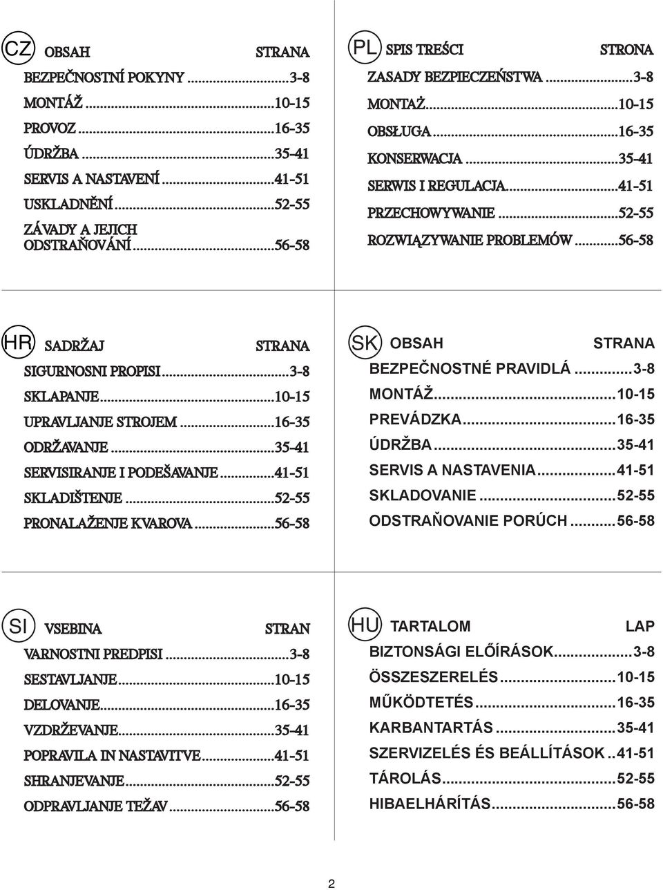 ..56-58 SADRŽAJ STRANA SIGURNOSNI PROPISI...3-8 SKLAPANJE...10-15 UPRAVLJANJE STROJEM...16-35 ODRŽAVANJE...35-41 SERVISIRANJE I PODEŠAVANJE...41-51 SKLADIŠTENJE...52-55 PRONALAŽENJE KVAROVA.